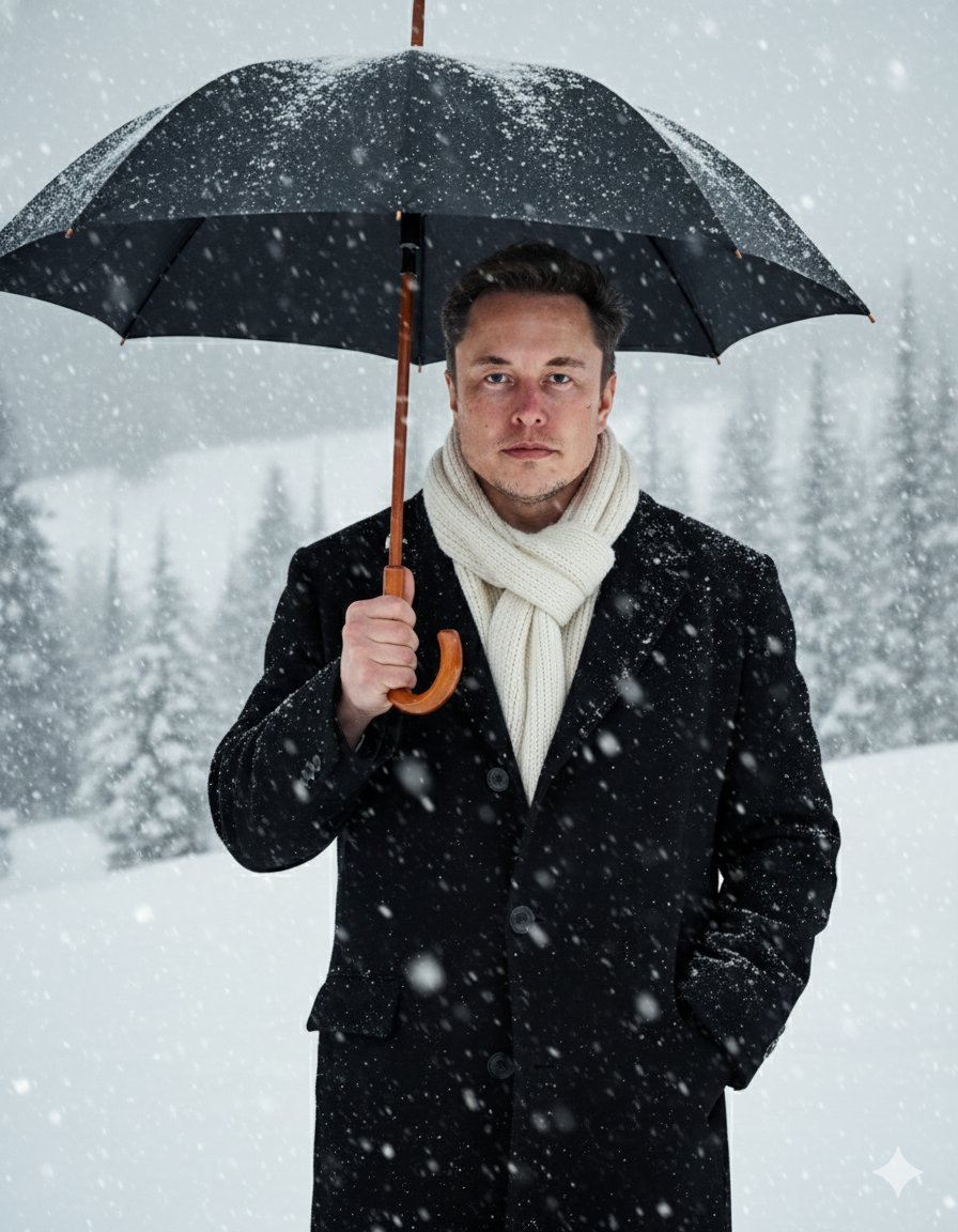 Gempix2 AI generator: Man with umbrella in snow romantic portrait - Free AI image generation